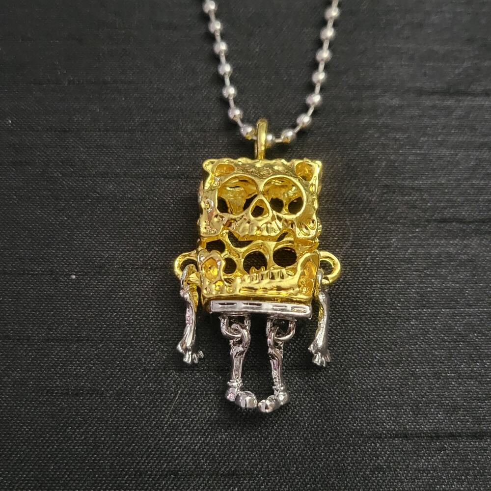 Men's Zombie Spongebob with moving limbs silver & gold tone ball chain necklace